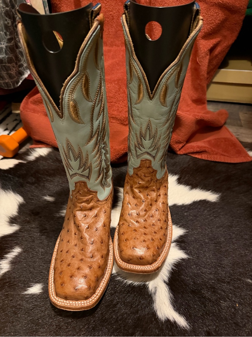 Two-Tone Brown & Light Blue Ostrich/Leather Cowboy Boots